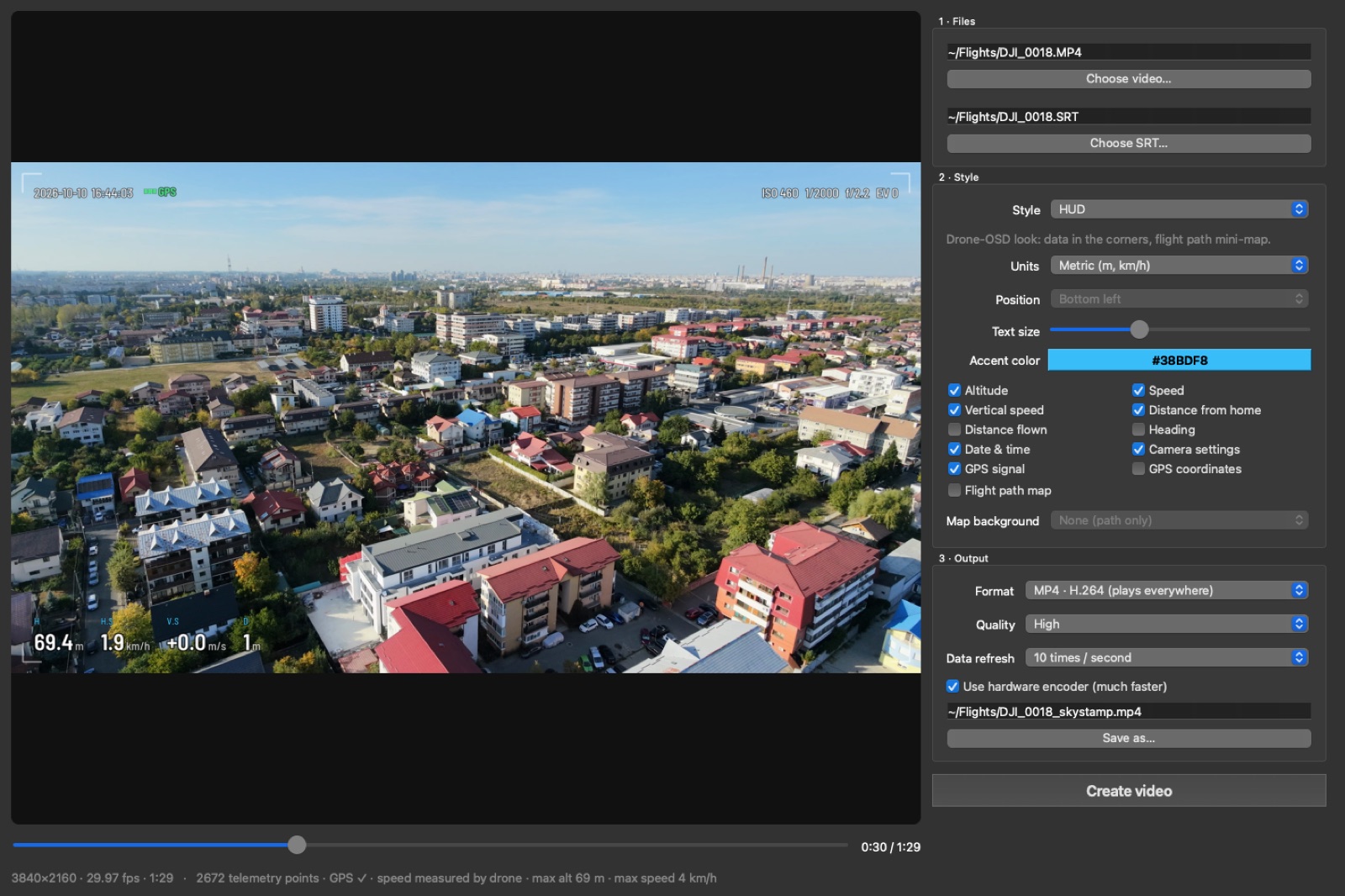 SkyStamp app: video preview with flight data overlay and style settings